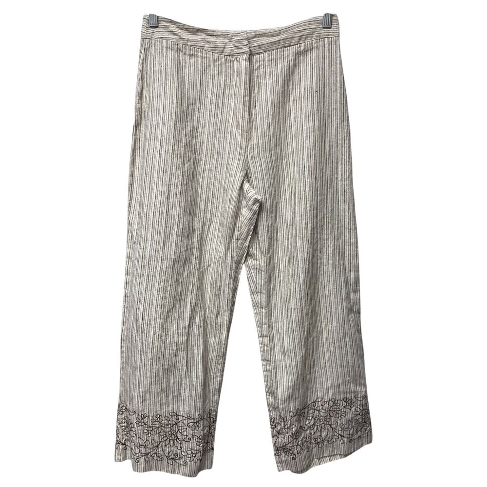 Pants Womens 10 Capri Linen Beige Brown Embroidered